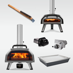 Ooni Karu 2 Pro and Ooni Karu 2 displayed on a light grey background with an assortment of pizza oven accessories.
